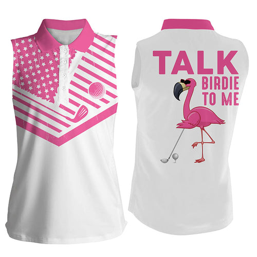 Funny white Women sleeveless polo shirt American flag pink flamingo golf shirts talk birdie to me NQS5931