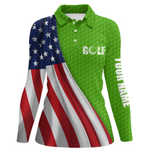 Load image into Gallery viewer, American flag green golf ball skin Womens golf polo shirts custom name patriotic golf tops for women NQS6124