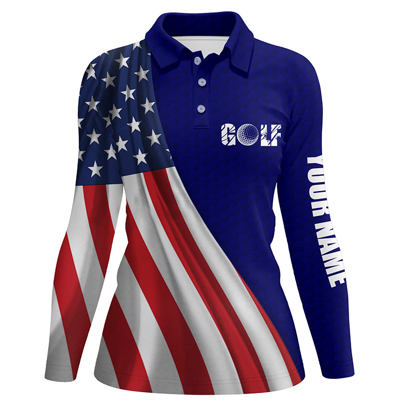 American flag blue golf ball skin Womens golf polo shirts custom name patriotic golf tops for women NQS6125