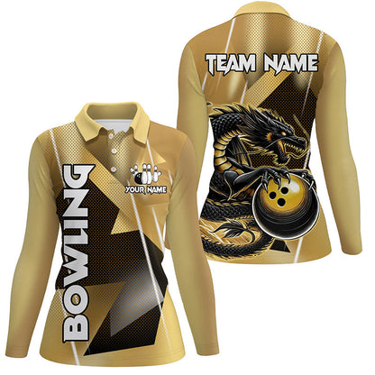 Black And Gold Custom Dragon Bowling Shirts For Women, Dragon Bowling Team Shirts NQS8233