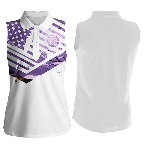 Women sleeveless golf polo shirt purple American flag Halloween white golf shirt NQS6364