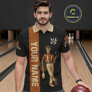 Black and Brown Skull Retro Bowling Polo, Quarter Zip Shirts For Men Custom Team Bowling Jersey NQS10859