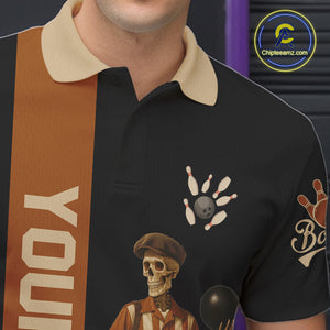 Black and Brown Skull Retro Bowling Polo, Quarter Zip Shirts For Men Custom Team Bowling Jersey NQS10859