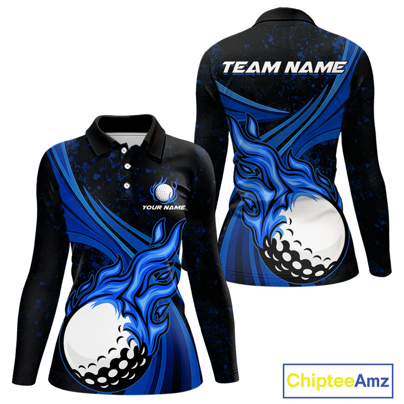 Black & Blue Golf ball Flame Golf Polo Shirts For Women Custom ladies's golf clothing, best golf gift NQS10864