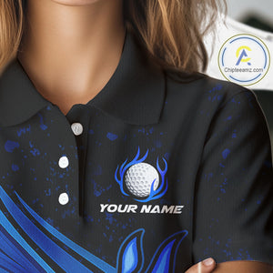 Black & Blue Golf ball Flame Golf Polo Shirts For Women Custom ladies's golf clothing, best golf gift NQS10864