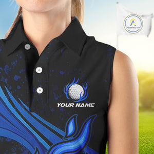 Black & Blue Golf ball Flame Women Sleeveless Polo Shirt Custom ladies golf clothing, best golf gift NQS10864