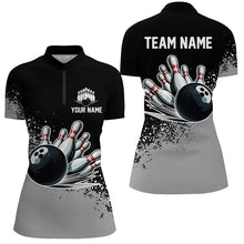 Load image into Gallery viewer, Black and Gray Grunge Custom Bowling Polo, 1/4 Zip Shirts For Women Personalized Team Bowling Jerseys NQS8916
