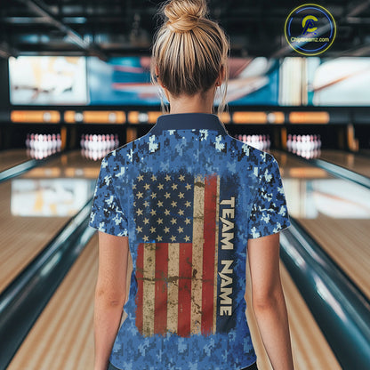 Blue Camo American Flag Veteran Skull Bowling Shirts For Women Custom patriotic Bowling Team Jerseys NQS11047