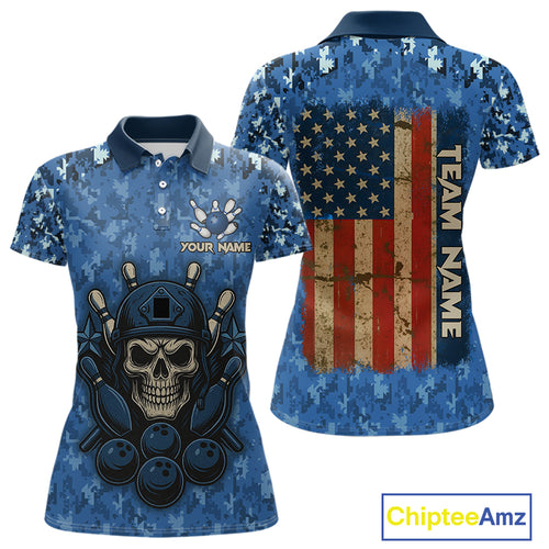 Blue Camo American Flag Veteran Skull Bowling Shirts For Women Custom patriotic Bowling Team Jerseys NQS11047