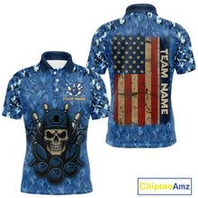 Load image into Gallery viewer, Blue Camo American Flag Veteran Skull Bowling Shirts For Men Custom patriotic Bowling Team Jerseys NQS11047