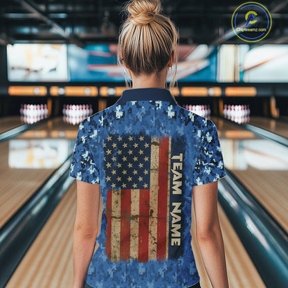 Blue Camo American Flag Veteran Skull Bowling Shirts For Women Custom patriotic Bowling Team Jerseys NQS11047