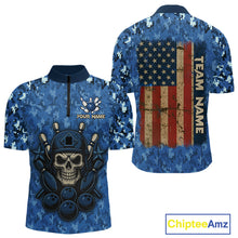 Load image into Gallery viewer, Blue Camo American Flag Veteran Skull Bowling Shirts For Men Custom patriotic Bowling Team Jerseys NQS11047