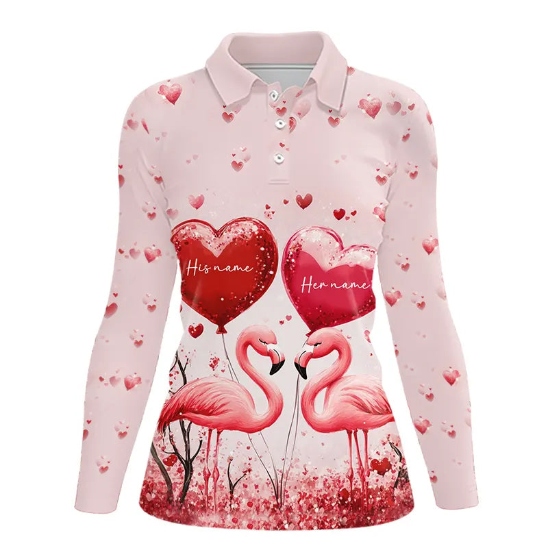 Pink Glitter Flamingo Heart Theme Women golf polo shirt custom Valentines golf tops gift for her NQS9367