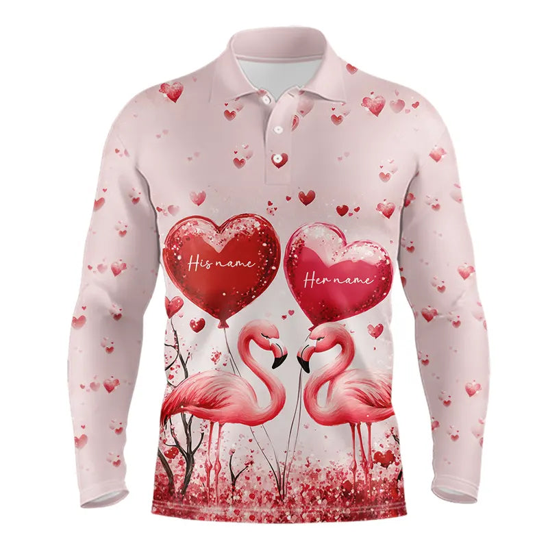 Pink Glitter Flamingo Heart Theme Mens golf polo shirts custom Valentines golf tops gifts for him NQS9367