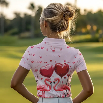Pink Glitter Flamingo Heart Theme Women golf polo shirt custom Valentines golf tops gift for her NQS9367