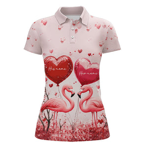 Pink Glitter Flamingo Heart Theme matching golf shirt for couple custom Couple Valentines golf tops NQS9367