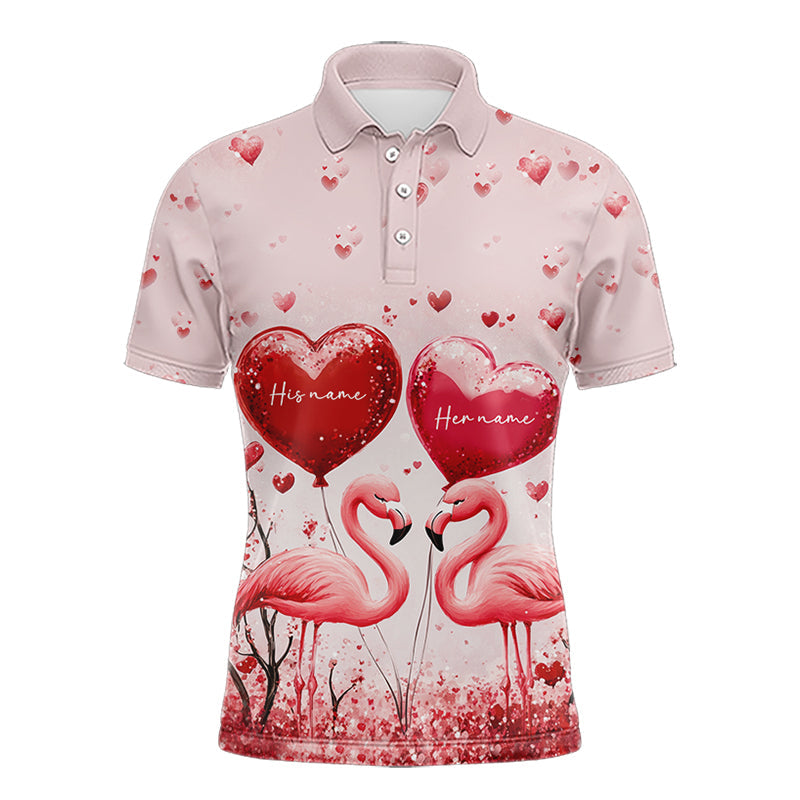 Pink Glitter Flamingo Heart Theme matching golf shirt for couple custom Couple Valentines golf tops NQS9367