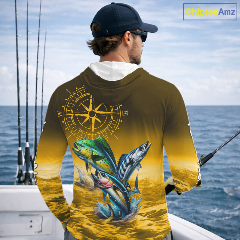 Custom Mahi Mahi, Wahoo, Tuna Yellow Performance Fishing Shirt, Compass Offshore Tournament Shirts NQS11438