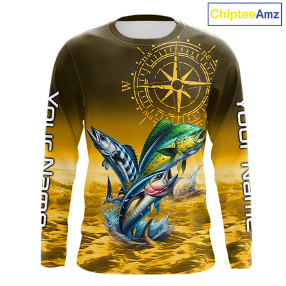 Custom Mahi Mahi, Wahoo, Tuna Yellow Performance Fishing Shirt, Compass Offshore Tournament Shirts NQS11438
