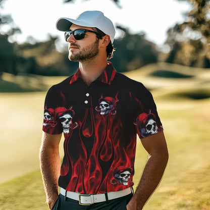 Red Flame Skull Mens golf polo shirts custom skull fire golf apparel for mens NQS9515