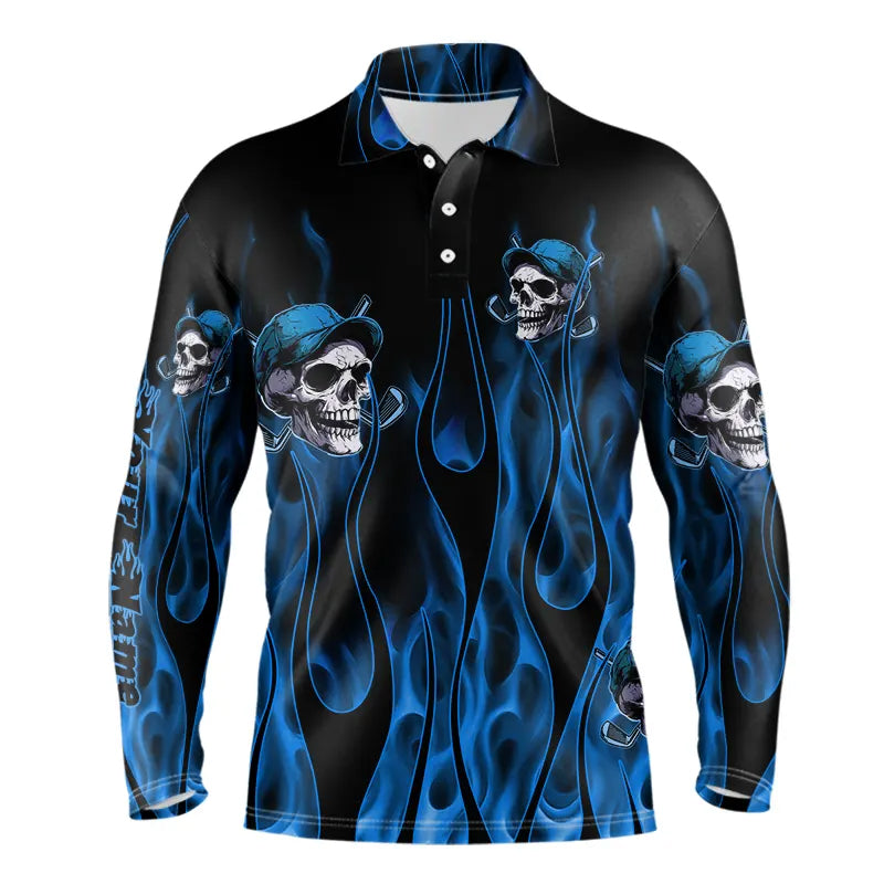 Blue Flame Skull Mens golf polo shirts custom skull fire golf apparel for mens NQS9516