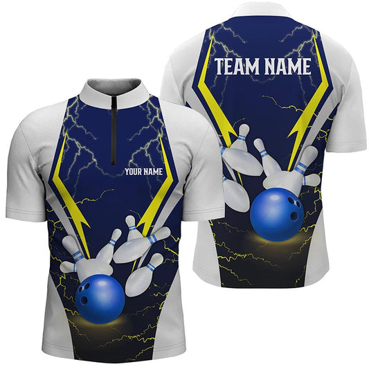 Blue lightning thunder bowling ball and pins custom Men Bowling Quarter Zip Shirt, team bowling jersey NQS7455