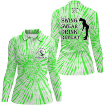 Load image into Gallery viewer, Funny Womens golf polos shirts custom name swing swear drink repeat green tie dye pattern golf shirts NQS7614