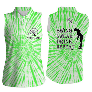 Funny Womens sleeveless polo shirt custom swing swear drink repeat green tie dye pattern golf shirts NQS7614
