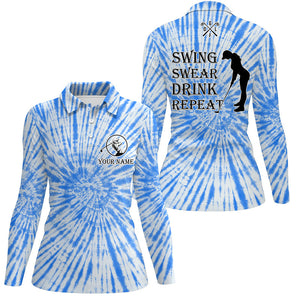 Funny Womens golf polos shirts custom name swing swear drink repeat blue tie dye pattern golf shirts NQS7615
