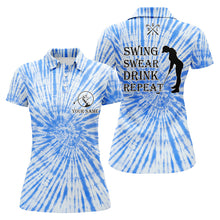 Load image into Gallery viewer, Funny Womens golf polos shirts custom name swing swear drink repeat blue tie dye pattern golf shirts NQS7615