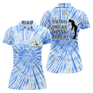 Funny Womens golf polos shirts custom name swing swear drink repeat blue tie dye pattern golf shirts NQS7615