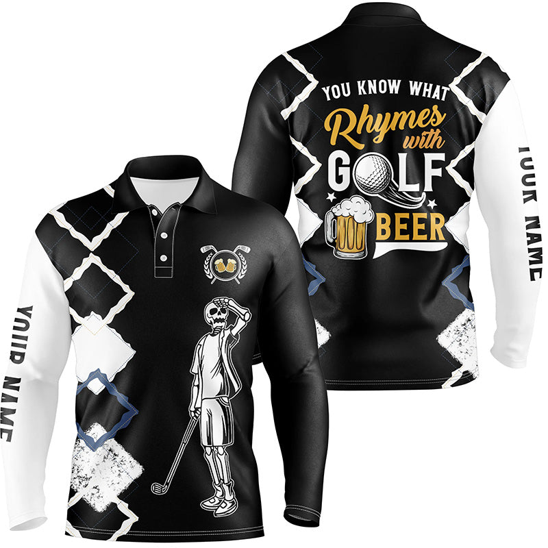 Funny golf skull polo shirts you know what rhymes with golf beer custom black golf performance shirts NQS7616