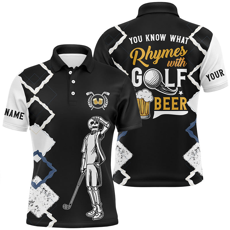 Funny golf skull polo shirts you know what rhymes with golf beer custom black golf performance shirts NQS7616