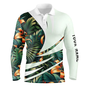 Mens golf polo shirts custom Green tropical flower pattern, best mens golf wear NQS7618