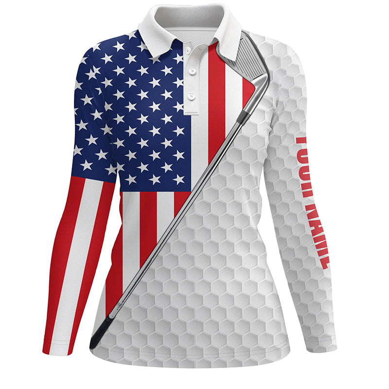 American flag white Womens golf polo shirts custom name golf clubs patriotic team golf shirt for women NQS5737