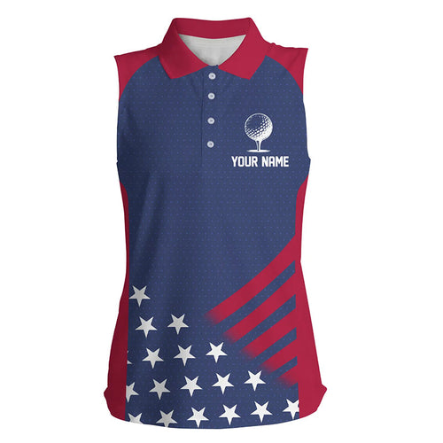 Red, white and blue American flag Womens sleeveless polo shirt custom patriotic team ladies golf tops NQS7819