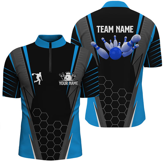 Black Men's Bowling Shirt Quarter-Zip Custom Name mens Bowlers Jersey, team bowling outfits | Blue NQS6133