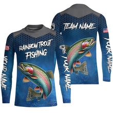 Load image into Gallery viewer, Blue camo Rainbow trout fishing Custom performance long sleeve team Trout fishing tournament shirts NQS8237