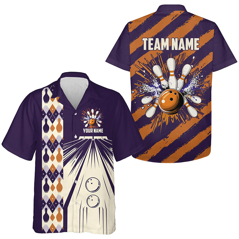 Personalized Purple Orange Retro Bowling hawaiian shirts, Bowling Team button up shirts NQS8694