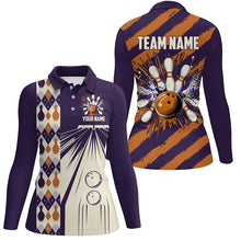 Load image into Gallery viewer, Personalized Purple and Orange Retro bowling Polo, Quarter Zip shirts for women, Bowling Team Jersey NQS8694