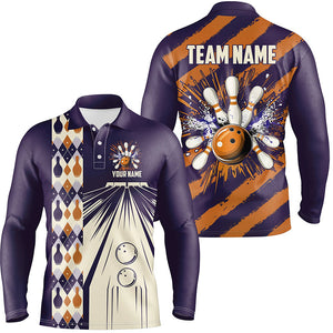 Personalized Purple and Orange Retro bowling Polo, Quarter Zip shirts for Men, Bowling Team Jerseys NQS8694