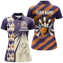 Load image into Gallery viewer, Personalized Purple and Orange Retro bowling Polo, Quarter Zip shirts for women, Bowling Team Jersey NQS8694