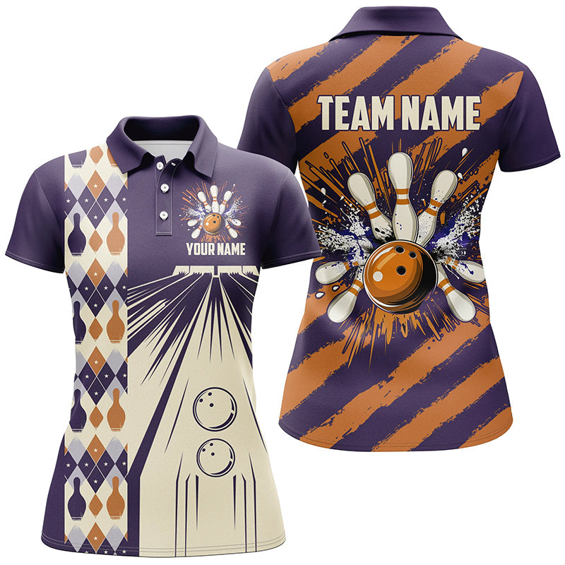 Personalized Purple and Orange Retro bowling Polo, Quarter Zip shirts for women, Bowling Team Jersey NQS8694