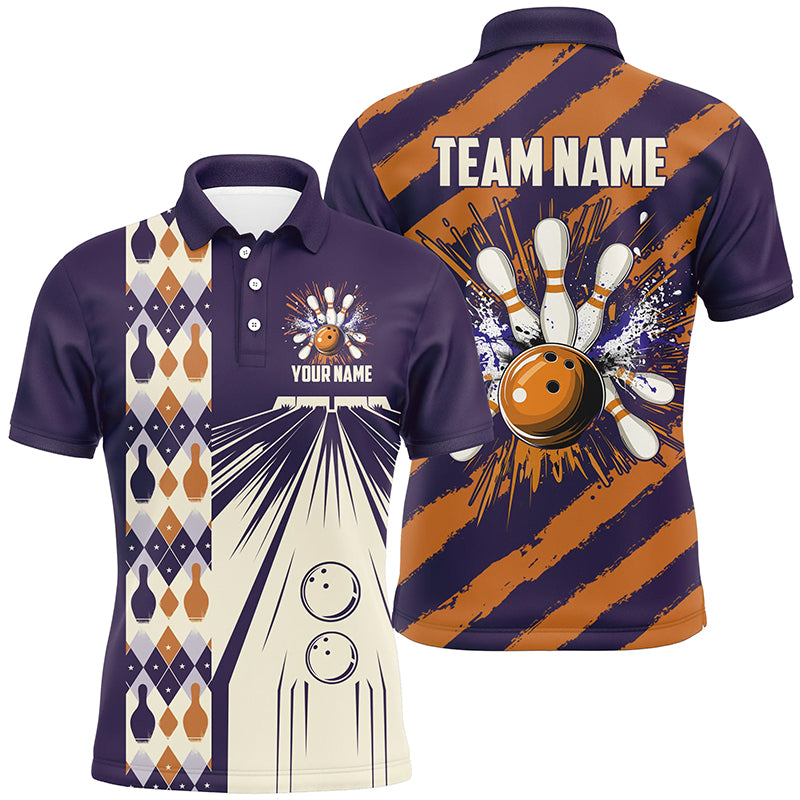 Personalized Purple and Orange Retro bowling Polo, Quarter Zip shirts for Men, Bowling Team Jerseys NQS8694