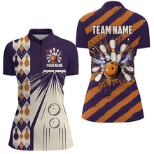 Load image into Gallery viewer, Personalized Purple and Orange Retro bowling Polo, Quarter Zip shirts for women, Bowling Team Jersey NQS8694