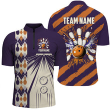 Load image into Gallery viewer, Personalized Purple and Orange Retro bowling Polo, Quarter Zip shirts for Men, Bowling Team Jerseys NQS8694