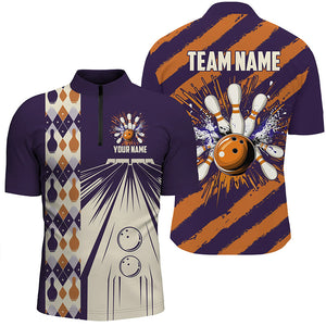 Personalized Purple and Orange Retro bowling Polo, Quarter Zip shirts for Men, Bowling Team Jerseys NQS8694