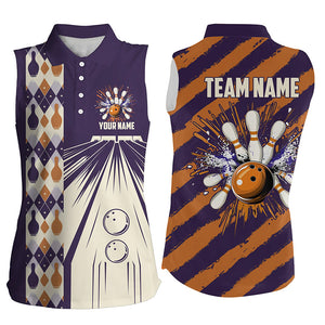 Personalized Purple and Orange Retro bowling Sleeveless Polo shirts for Women, Bowling Team Jerseys NQS8694