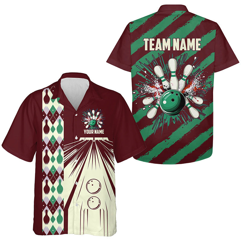 Personalized Red, White and Green Retro Bowling hawaiian shirts, Bowling Team button up shirts NQS8695