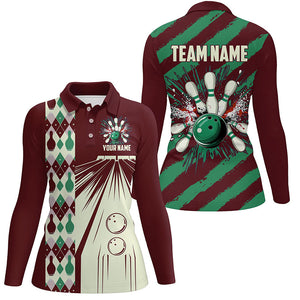 Personalized Red,White and Green Retro bowling Polo, Quarter Zip shirts for women, Bowling Team Jersey NQS8695